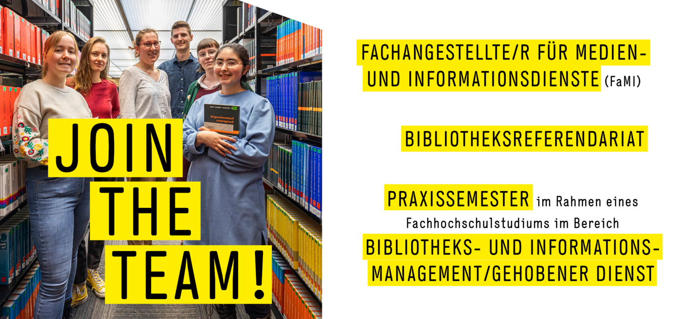 Gruppe junger Menschen in der TIB-Bibliothek, daneben Text mit Stellenangeboten: FaMI, Bibliotheksreferendariat und Praktikumsmöglichkeiten.