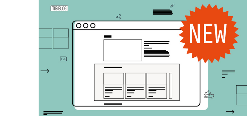 Graphic of website with red 'new' label, showing the relaunch of the TIB blog. Background in mint green with icons for networking.