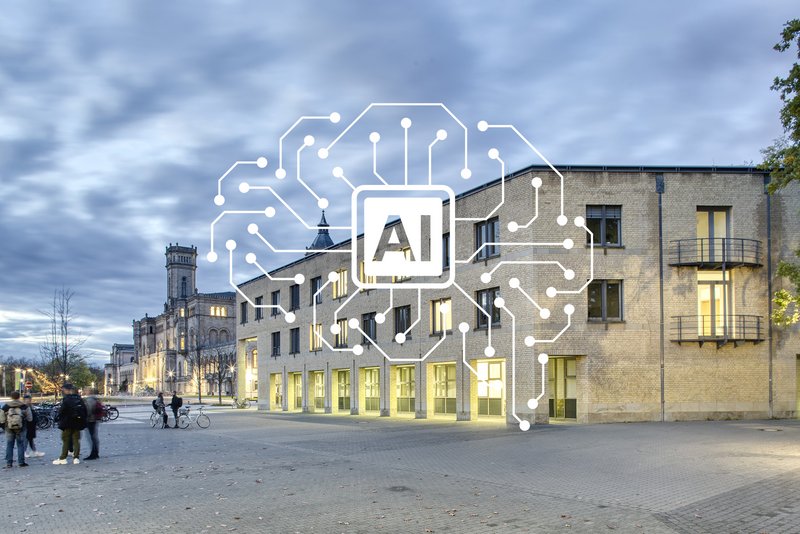 Foto TIB Grundwaldhaus mit AI-Grafik